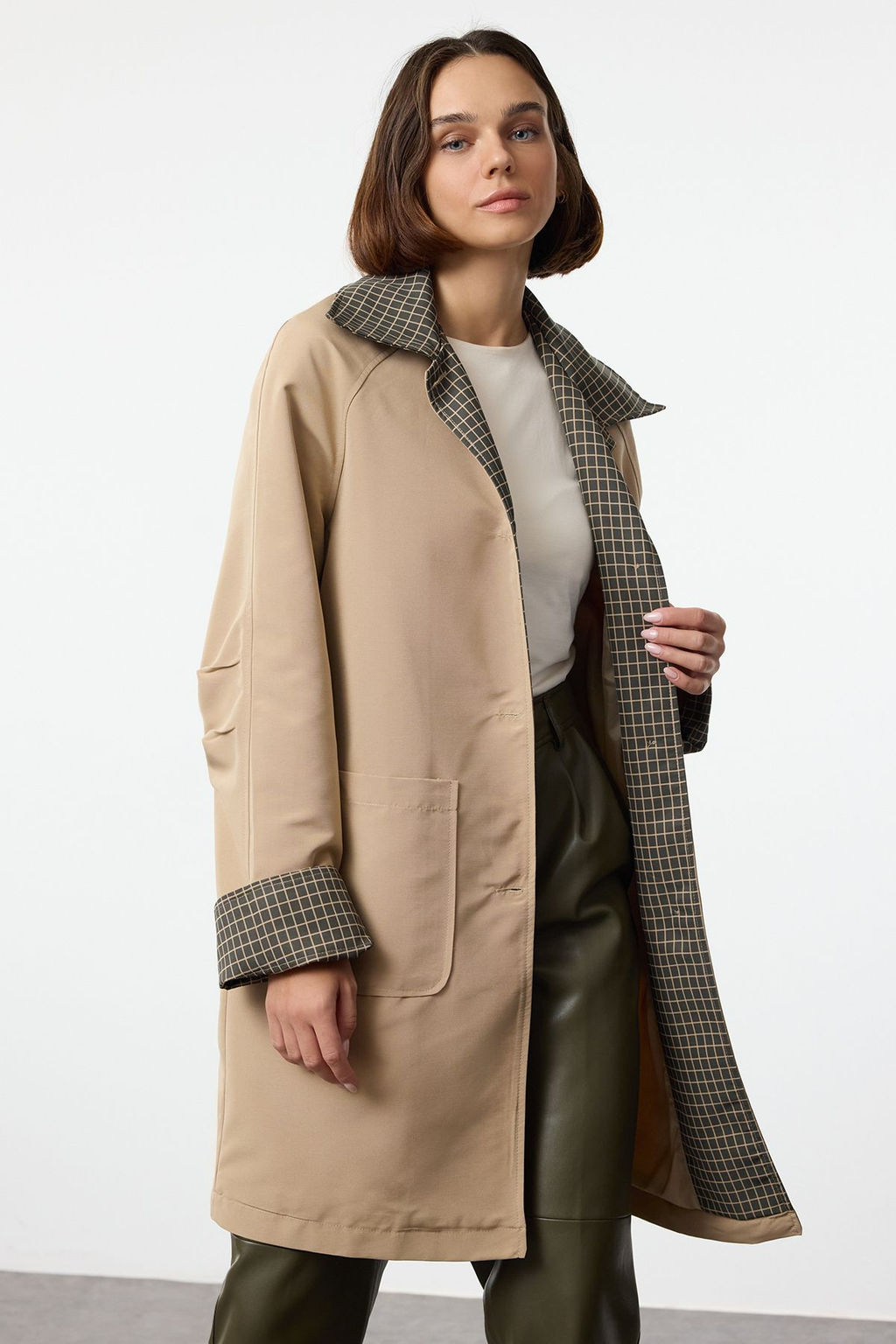 Trendyolmilla Bej Ekose Astarl? Regular Midi Trenckot TWOAW25TR00043  фото 6