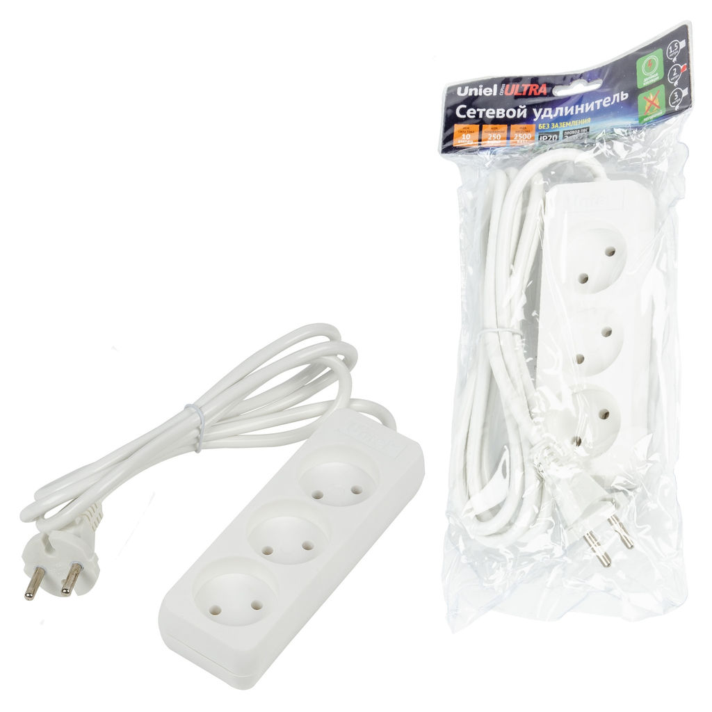 S-CU3-2 WHITE Удлинитель серии Ultra, шнур 2м., 3 гнезда, 10A, б/з. Белый. TM Uniel
