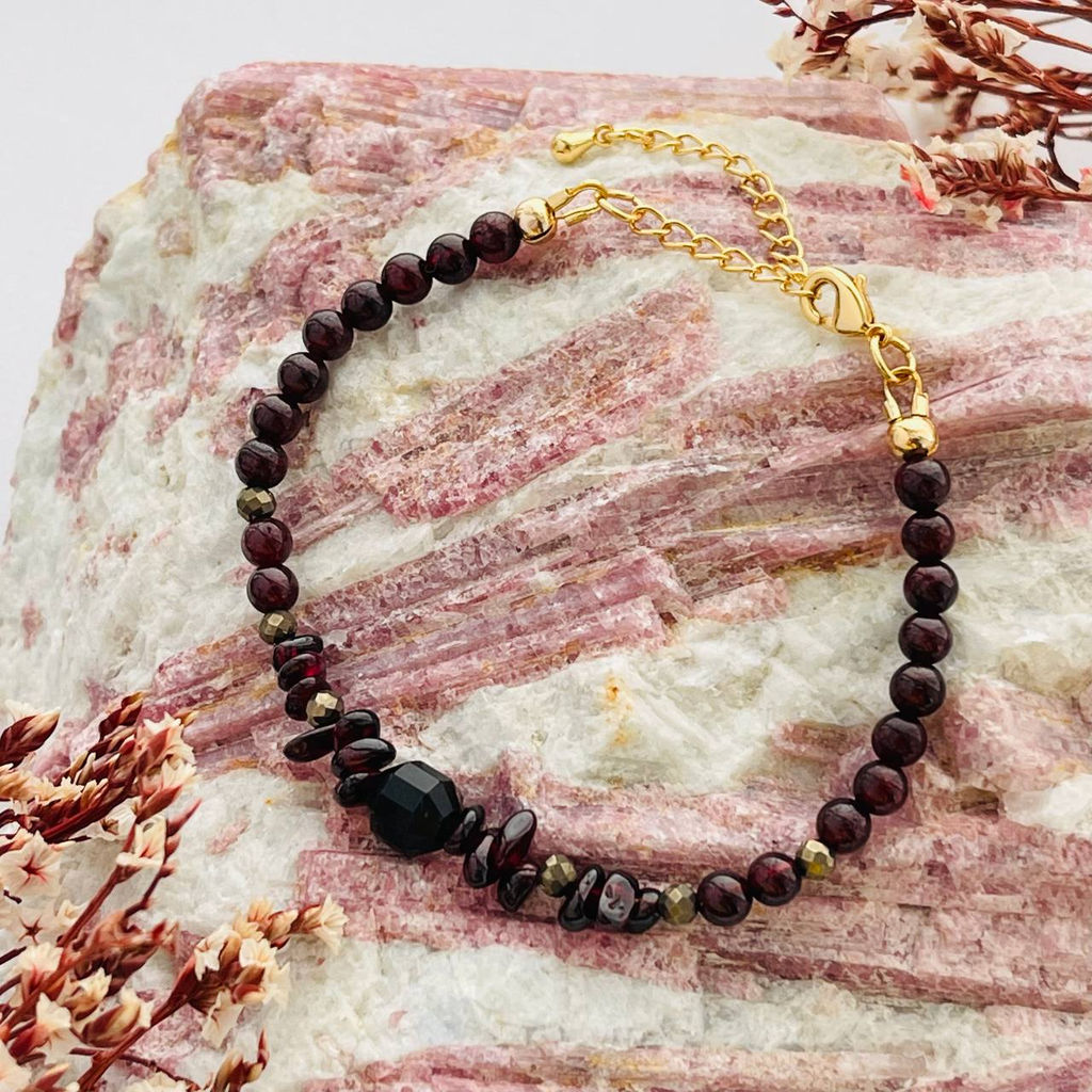 Браслет из Граната, Пирита и Обсидиана 17 см +