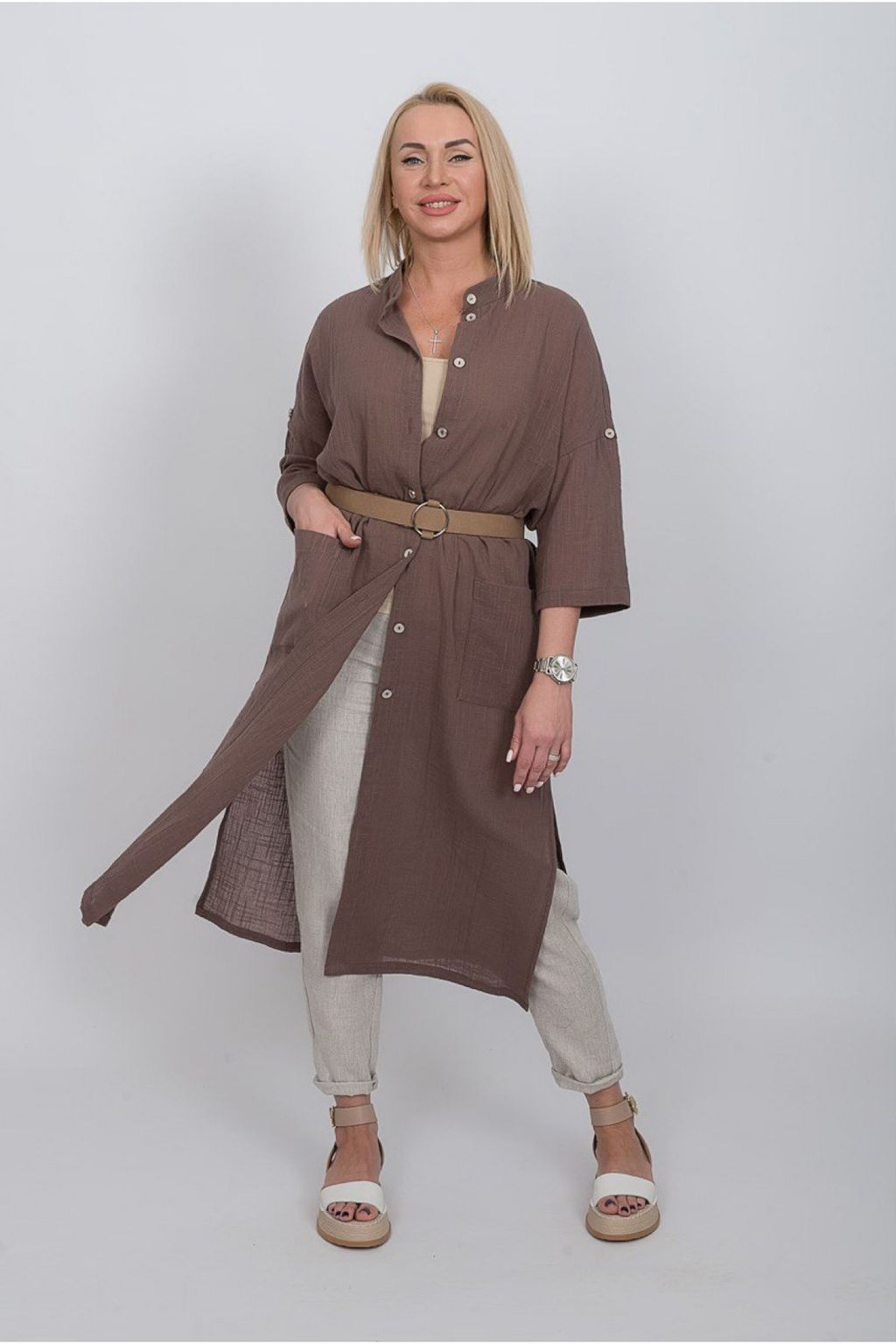 Рубашка-туника из льна стройнит фигуру, не требует глажки 091Л шоколад - Новый лен фото 2
