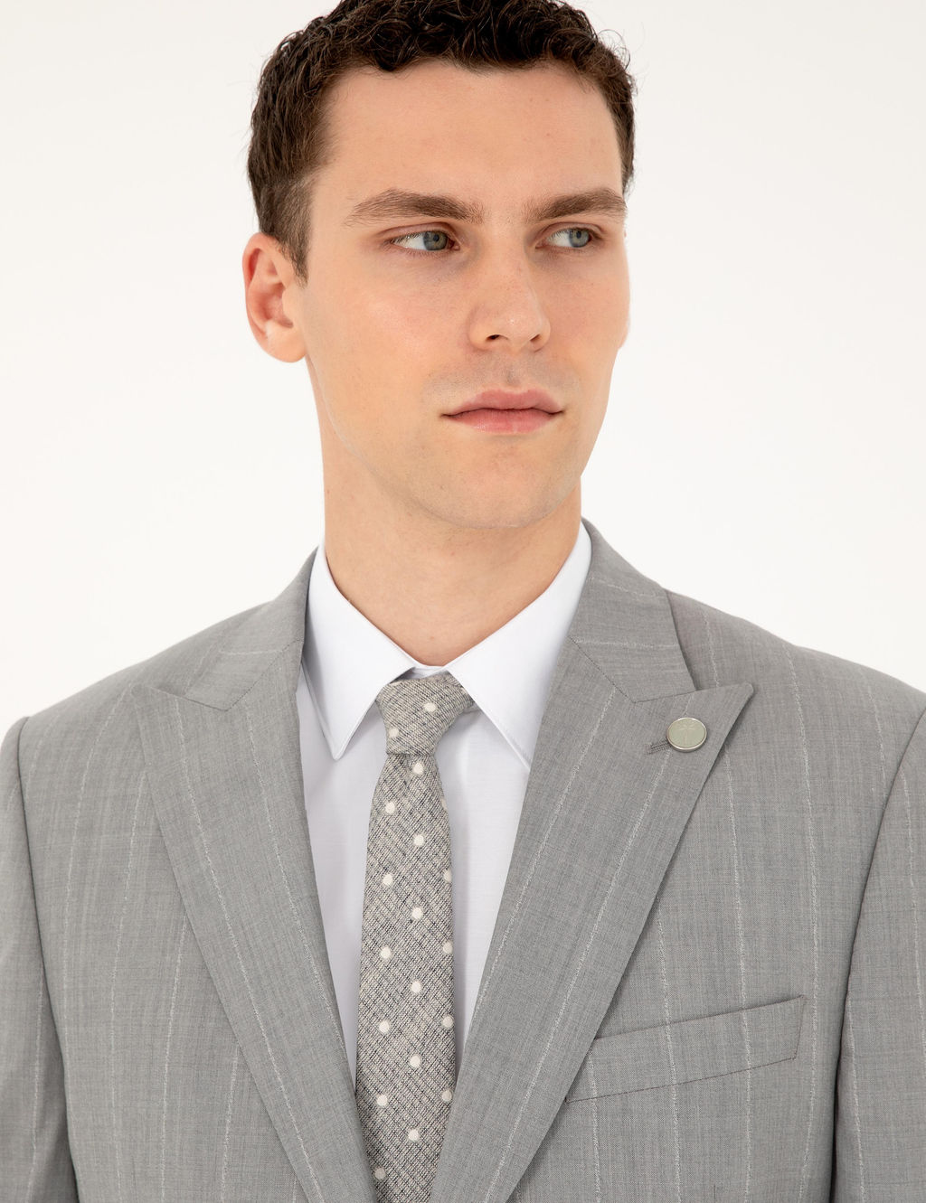 Gri Slim Fit _izgili Y_n Tak_m Elbise