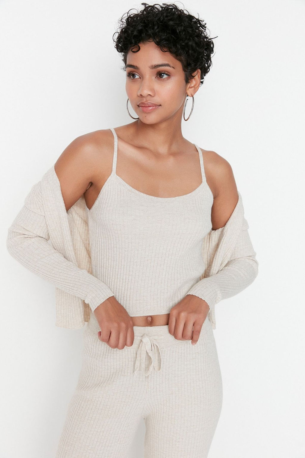 Bej Fitillli Bluz H?rka Pantolon Triko Alt-Ust Tak?m TWOAW22AU0006