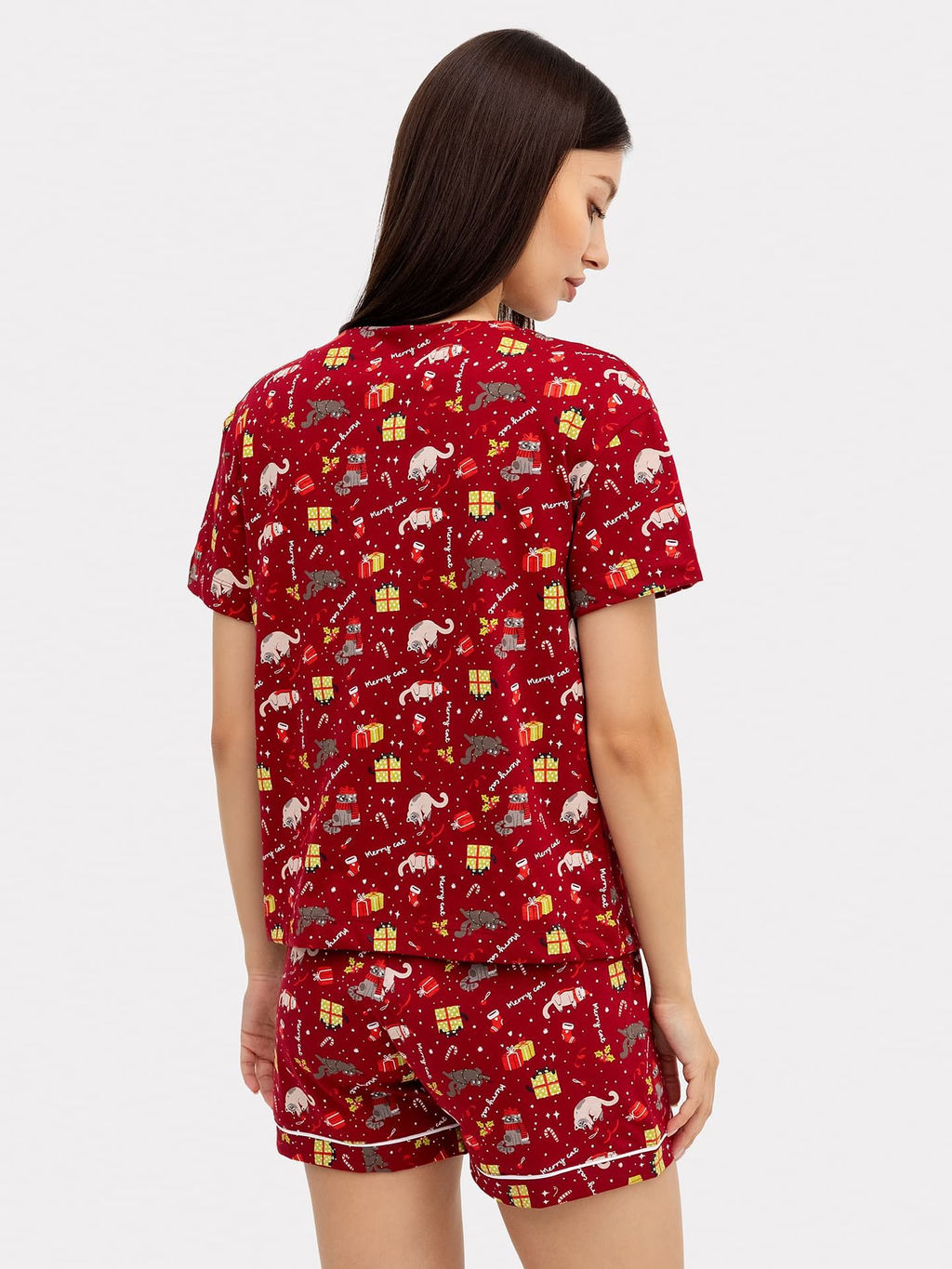 Комплект женский (жакет, шорты) вишнево-красный с котиками - Mark formelle фото 3