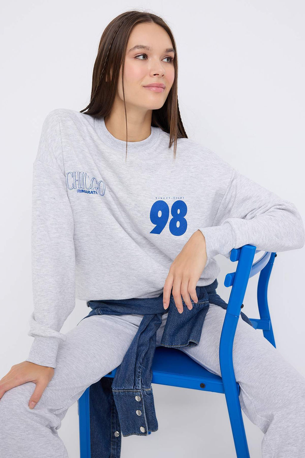 Teen Kar Melanj Ici Polarl? S?rt ve On Bask?l? Oversize/Genis Kesim Orme Sweatshirt TWOAW26SW00151 - Trendyolmilla фото 6