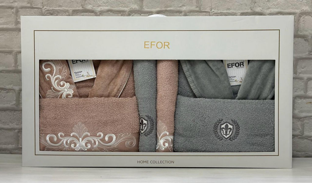 Набор EFOR NAKISLI из 6-х пр. (2 халата, 2 пол. 50*90, 2 пол. 70*140) c вышевкой пудровый-зеленый