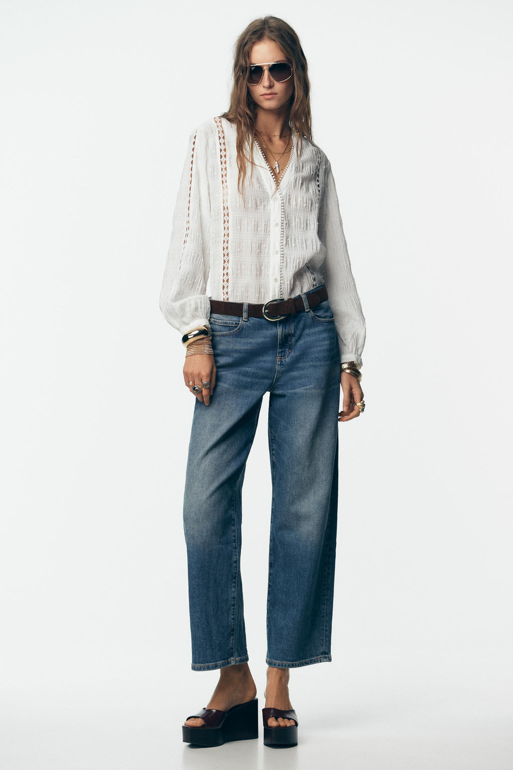 DOTTED MESH AND LACE TRIM BLOUSE