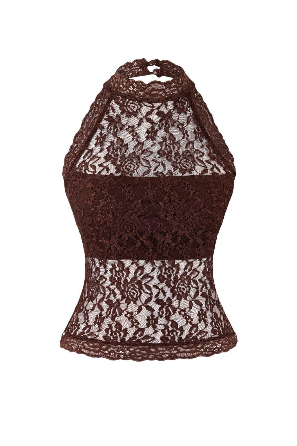 Koyu Kahverengi Dantel Yar?m Astarl? Halter Yaka Party Bluz TPRSS26BZ00003