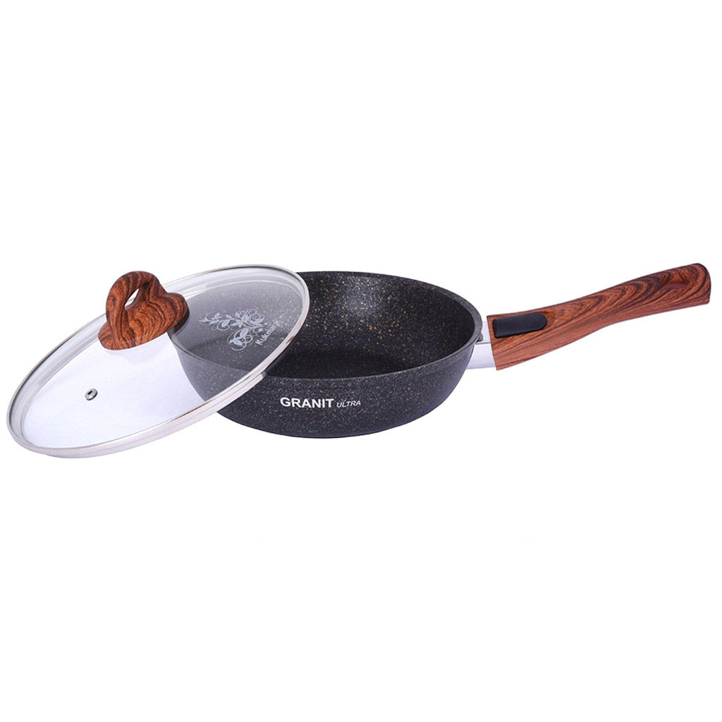 Сковорода с тефлоновым покрытием д26см Granit Ultra, h6,5см, съемная ручка из термостойкого пластика, стеклянная жаропрочная крышка, гранитный (Россия) - можно использовать металлические кухонные принадлежности - Домашняя мода фото 2