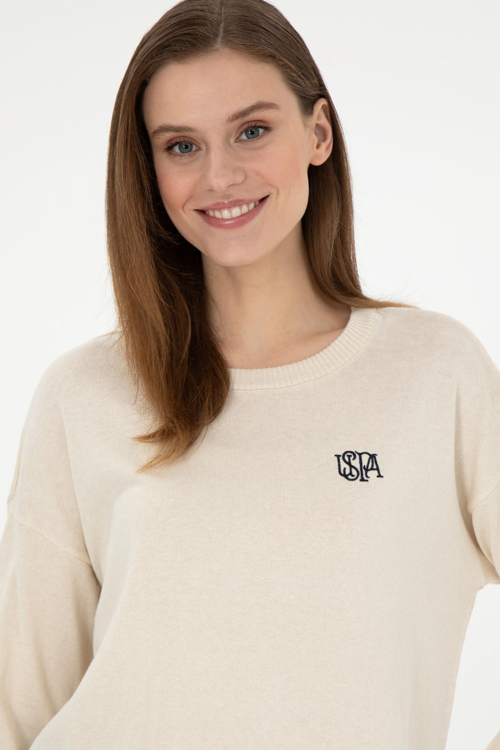 Женский кремовый меланжевый свитер с круглым вырезом Неожиданная скидка в корзине - U.s. polo assn фото 2