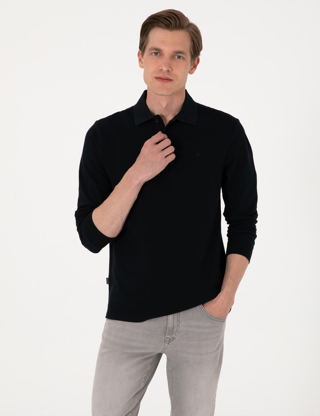 Siyah Slim Fit K_vr_lmaz Polo Yaka Basic Pike Sweatshirt