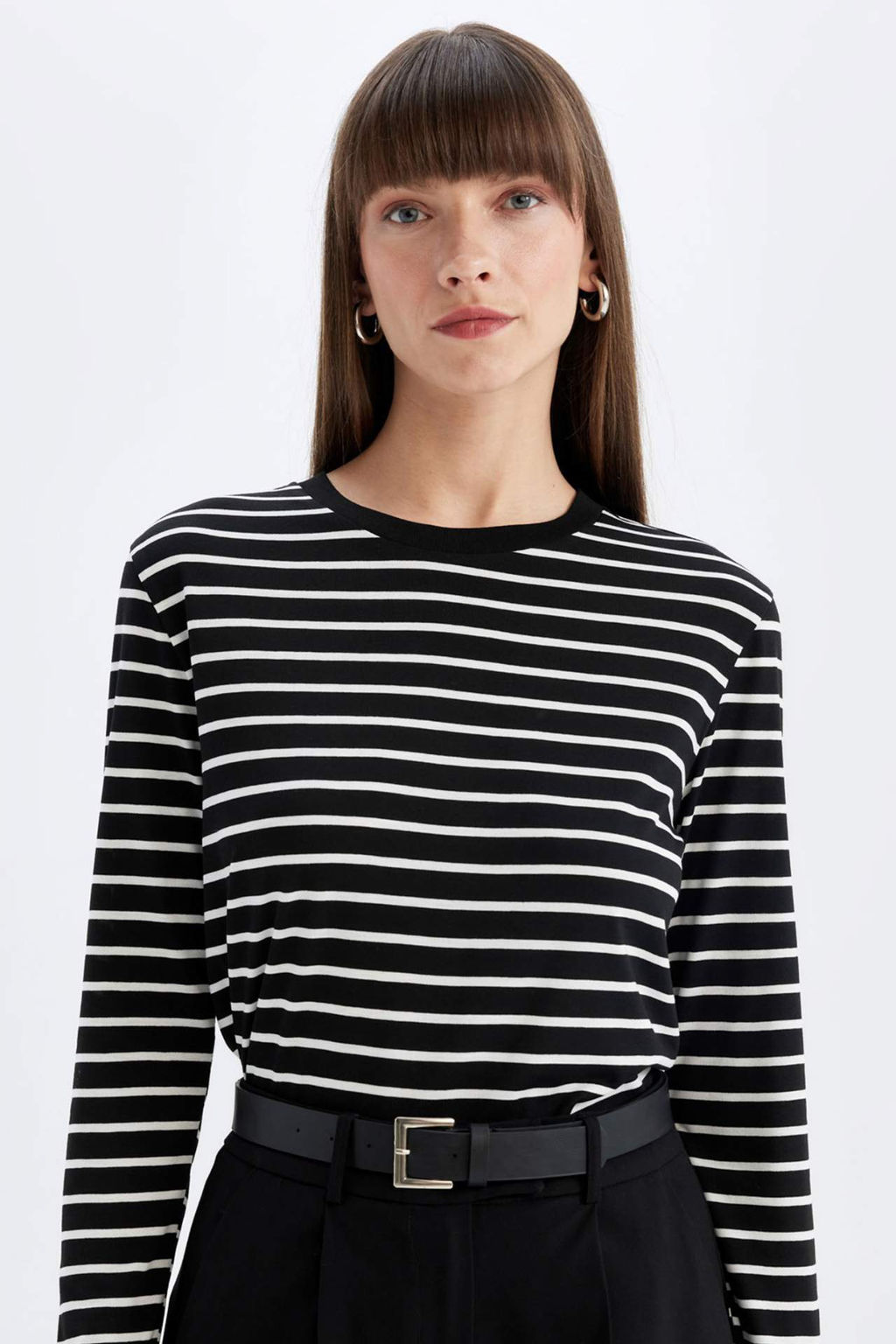 Regular Fit Bisiklet Yaka Cizgili Casual Uzun Kollu Tisort - Defacto фото 2