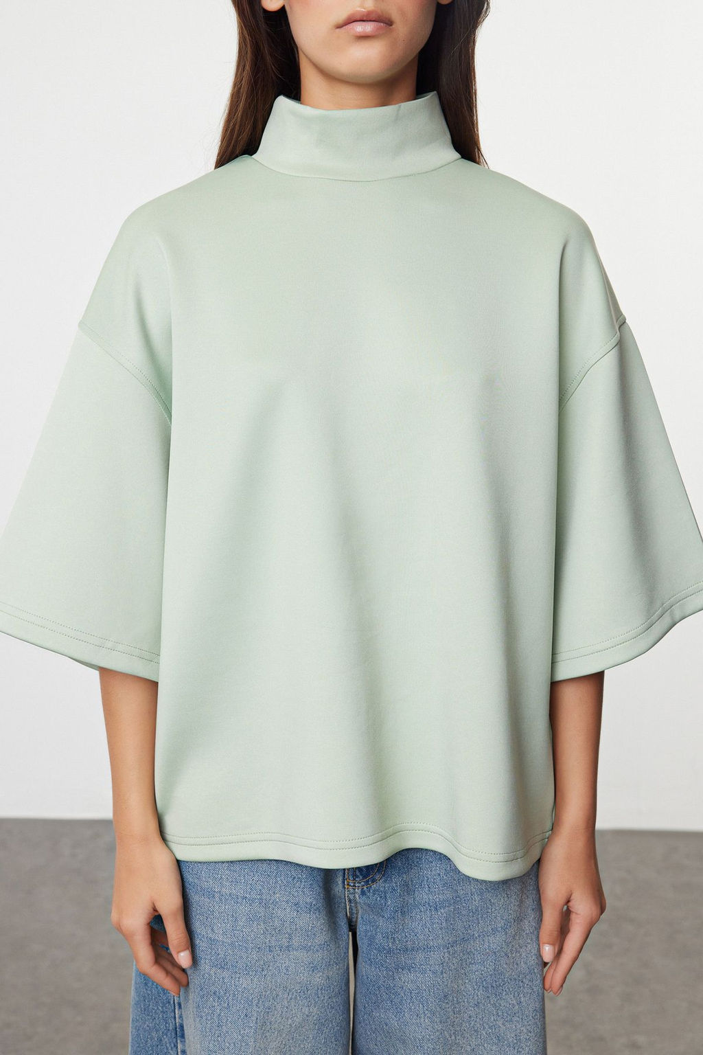 TRENDYOLMILLA Mint Oversize/Genis Kal?p Dik Yaka Truvakar Kol Orme Sweatshirt TWOAW25SW00016  фото 3