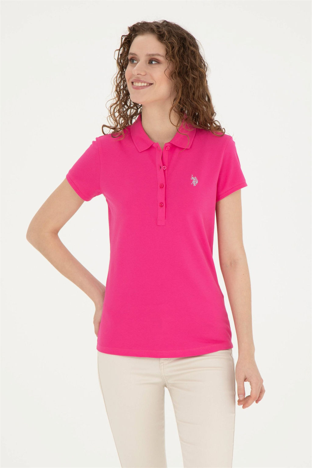 Женская базовая футболка цвета фуксии с воротником-поло - U.s. polo assn фото 3