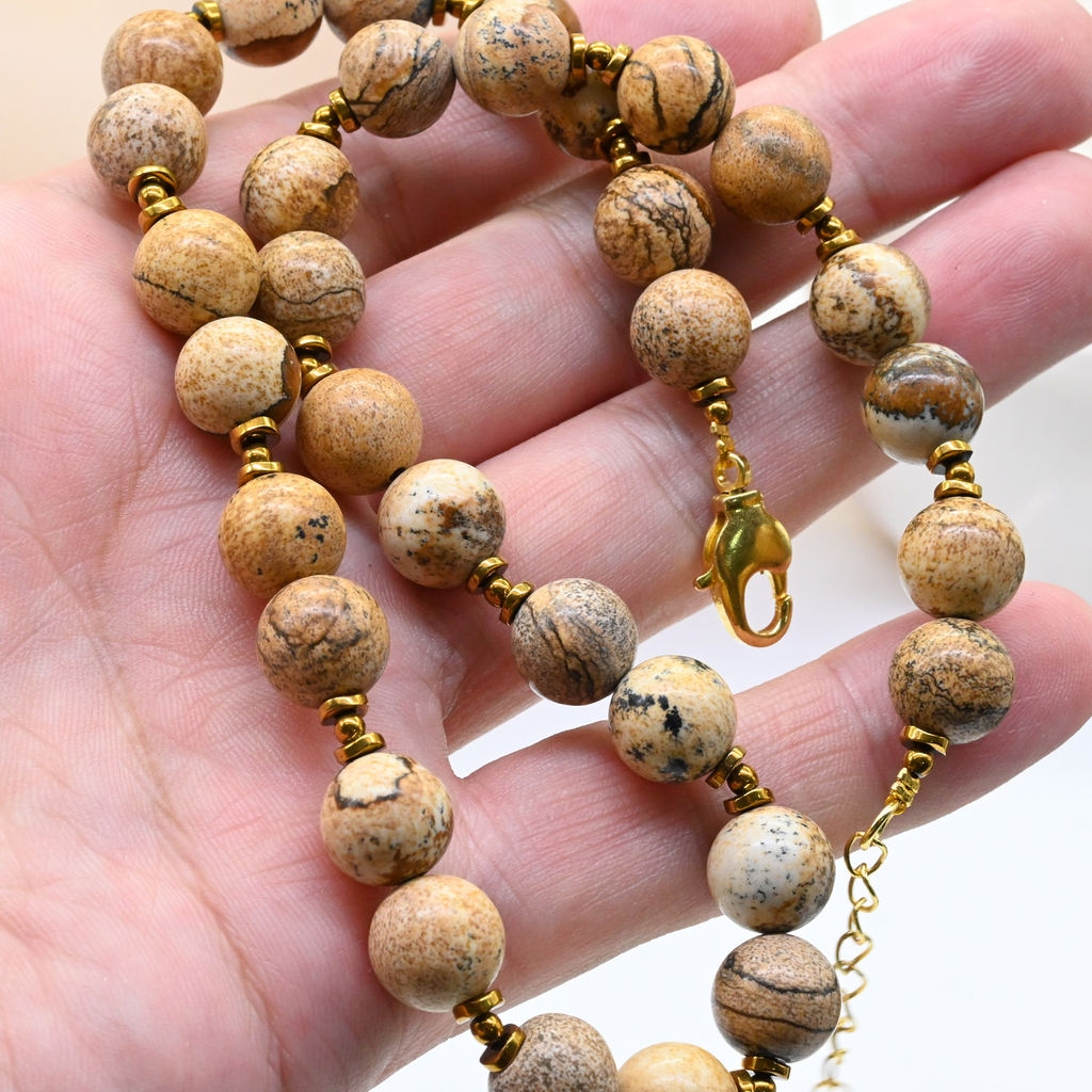 Бусы из яшмы бежевой шарик 10мм, 43см