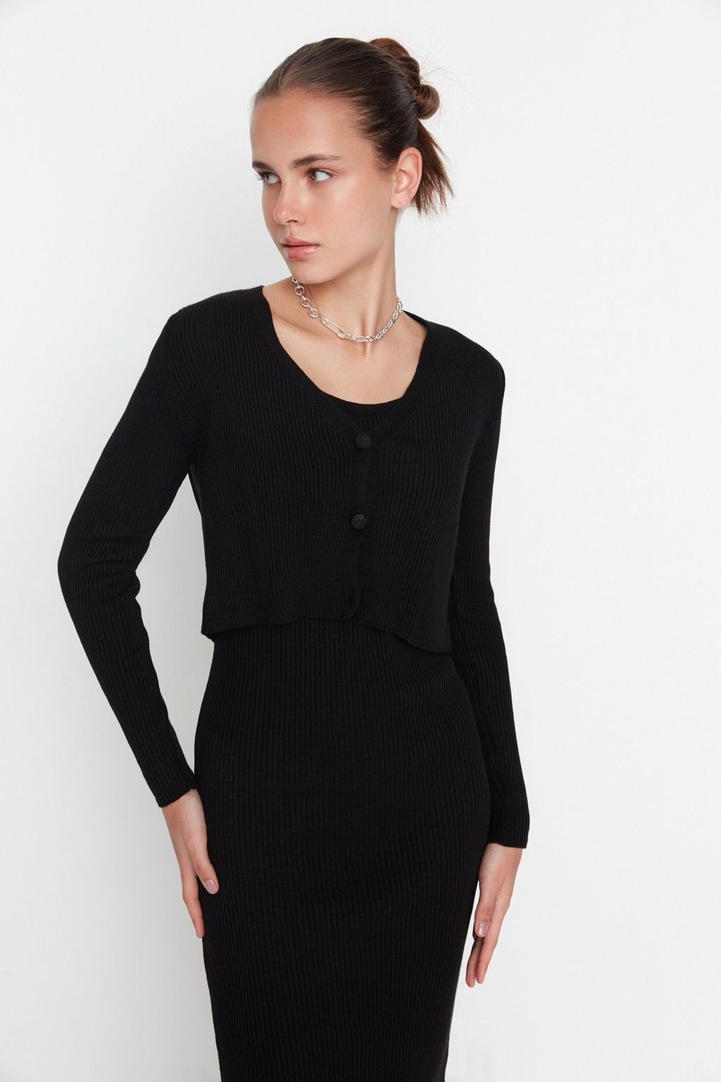 TRENDYOLMILLA Pembe Vucuda Oturan Midi Triko H?rka Elbise Tak?m TWOSS21EL0208 фото 14