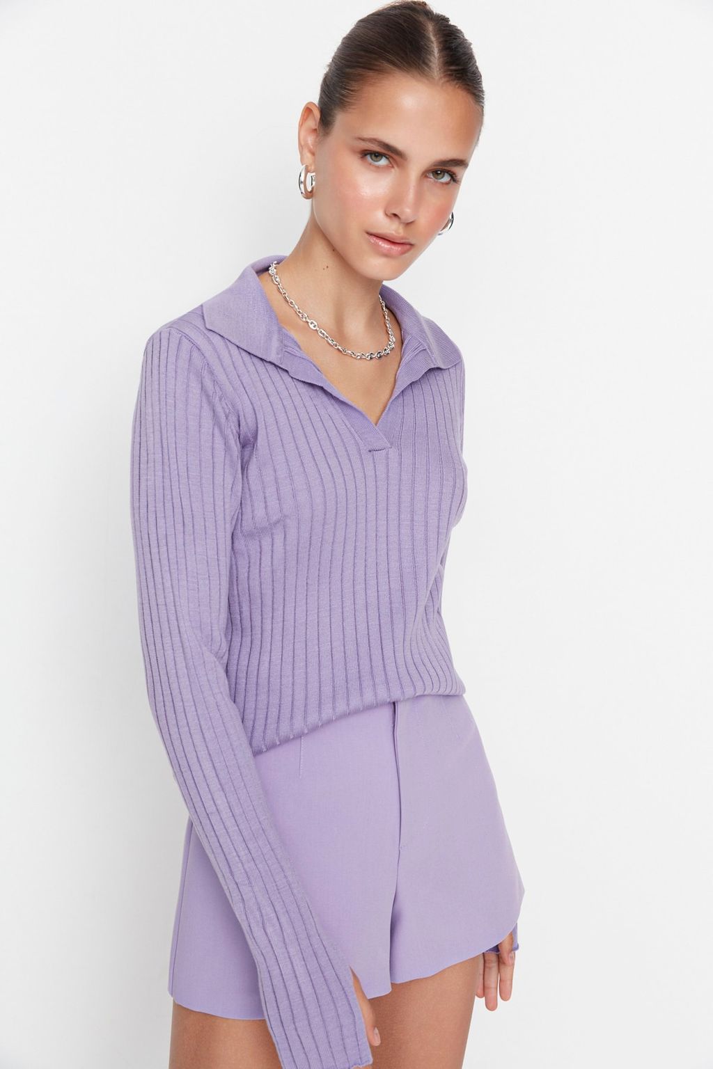 Lila Kol Ucu Detayl? Polo Yaka Triko Kazak TWOAW21KZ1113 - Trendyolmilla фото 3