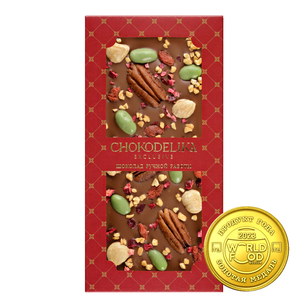Шоколад молочный с украшением ПЕКАН, вишня, фундук 100 гр