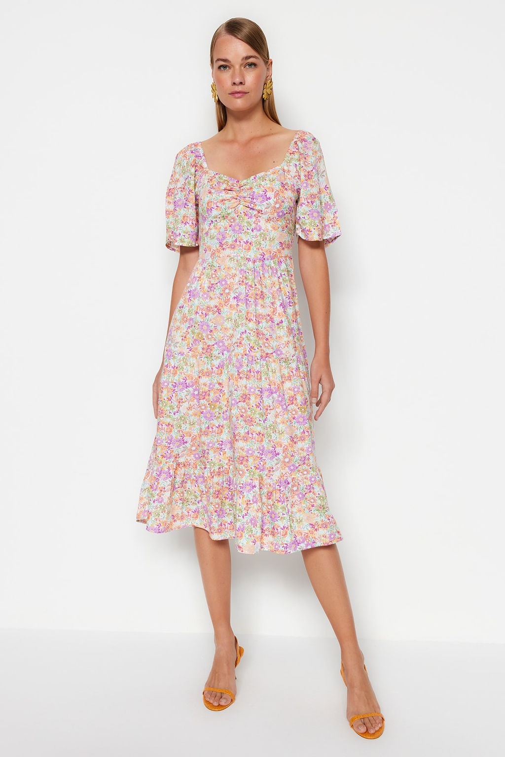 TRENDYOLMILLA Mor A Kesim Balon Kollu Cicek Desenli Midi Dokuma Elbise TWOSS20EL2323  фото 23