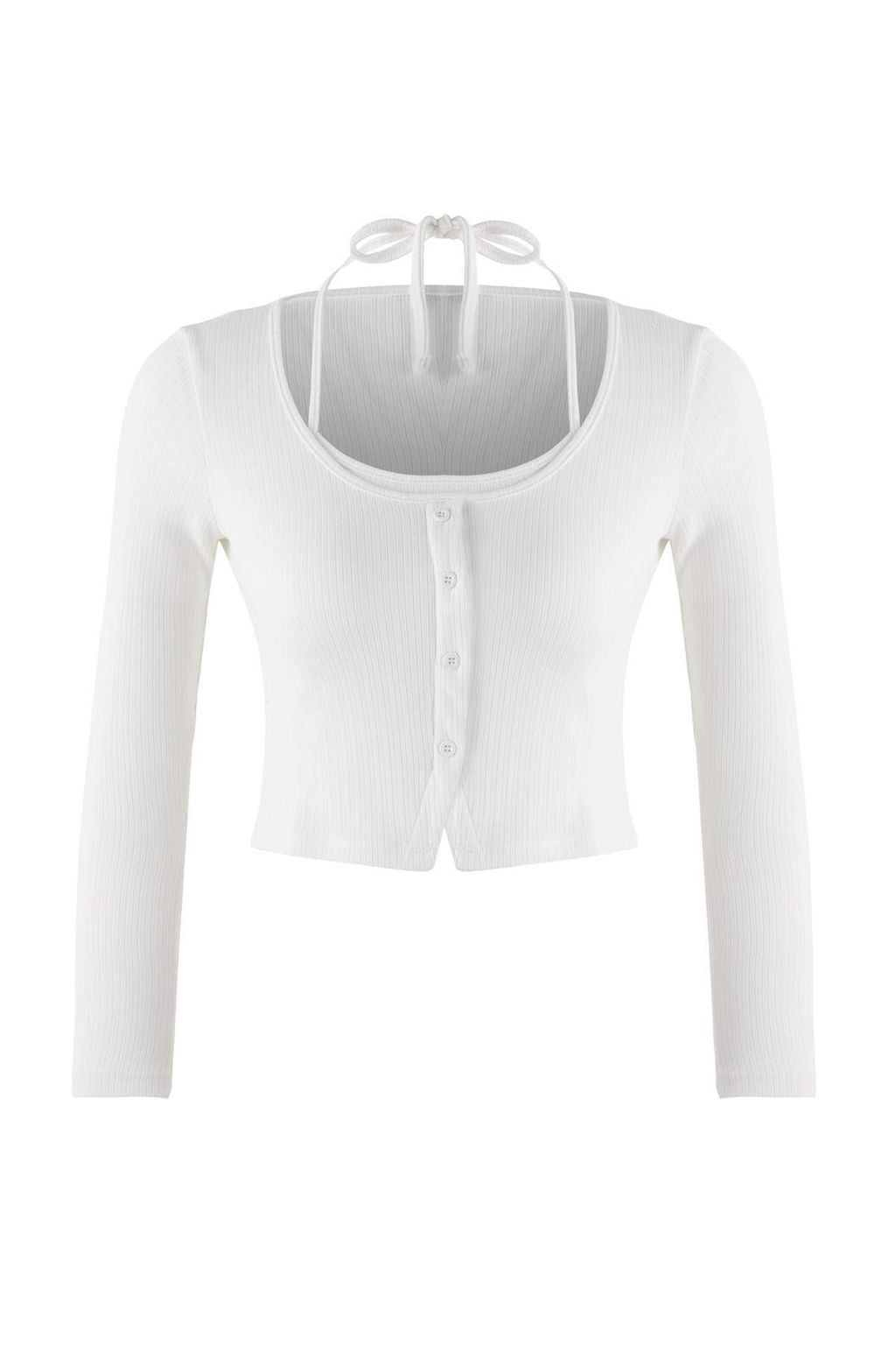 Ekru 2li Vucuda Oturan Cift Gorunumlu Kurdele Detayl? Triko Gorunumlu Orme Bluz TWOAW26BZ00119