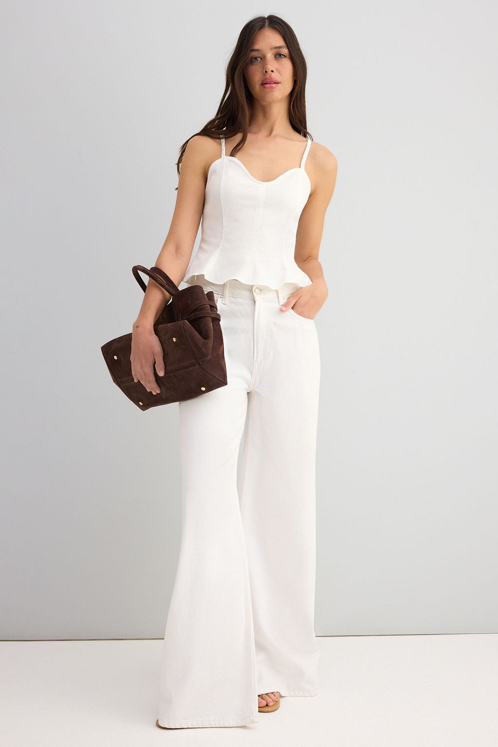 Ekru Pamuklu Gabardin Ask?l? Peplum Dokuma Bluz TWOSS25BZ00537