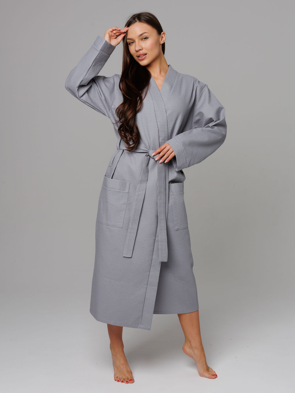 Женский вафельный халат с планкой серый В-02 (20)