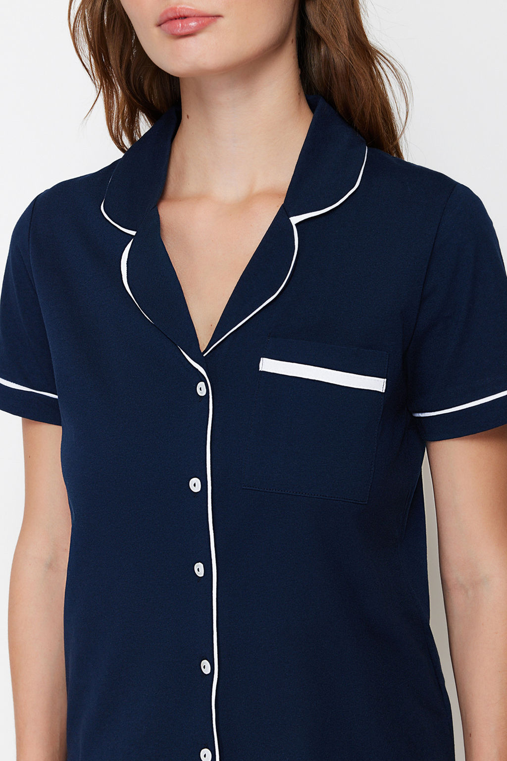 Trendyolmilla Lacivert %100 Pamuklu Biye Detayl? Sortlu Orme Pijama Tak?m? THMSS20PT0406  фото 14