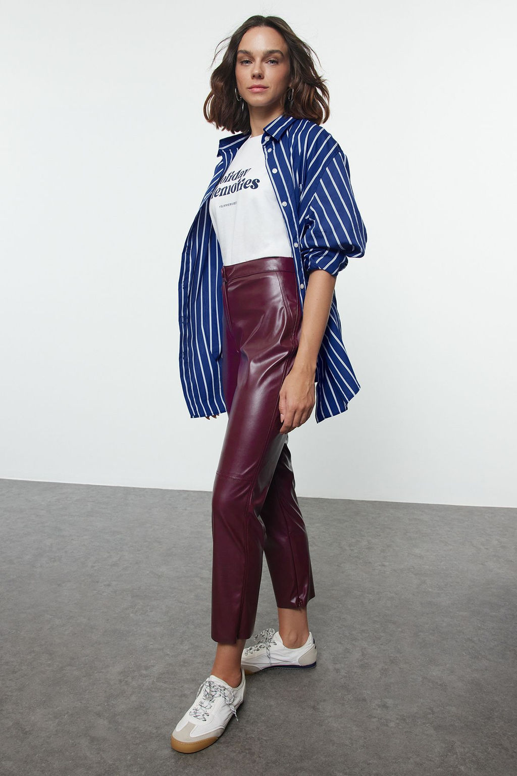 TRENDYOLMILLA Bordo Suni Deri Cigarette Pacas? Fermuarl? Dokuma Pantolon TWOAW25PL00049  фото 3