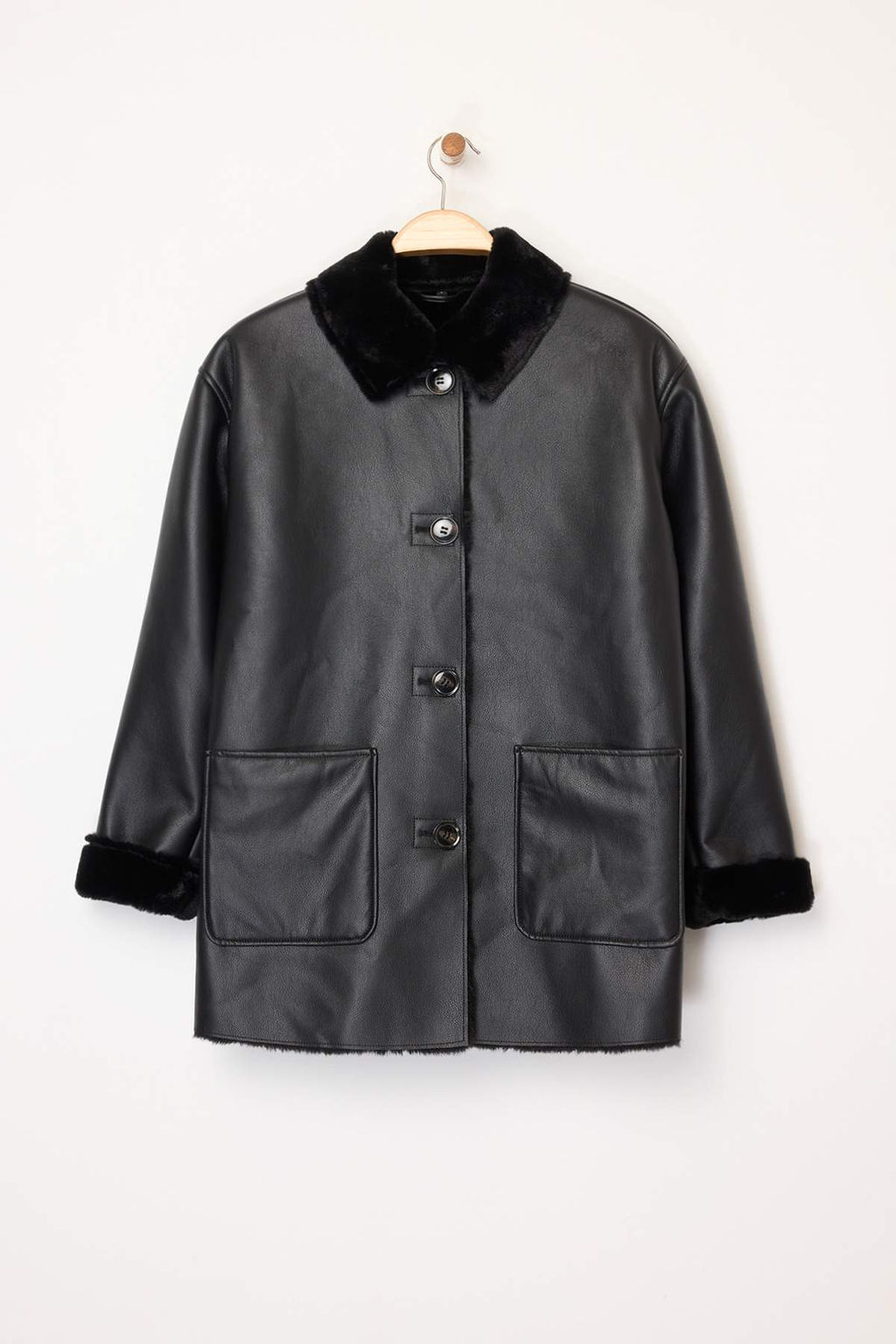 Siyah Suni Deri Ici Kurklu Mono Kapama Oversize Midi Kaban TWOAW26KB00007 - Trendyolmilla фото 7