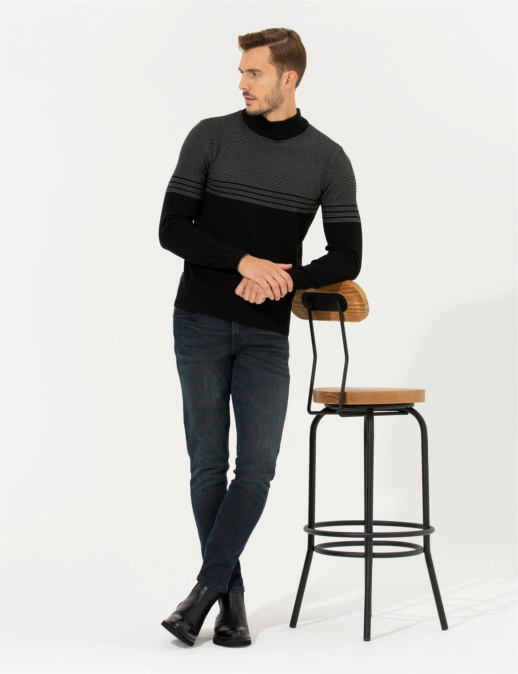 Siyah Slim Fit Yar_m Bal_k__ Yaka Triko Kazak - Pierre cardin фото 3