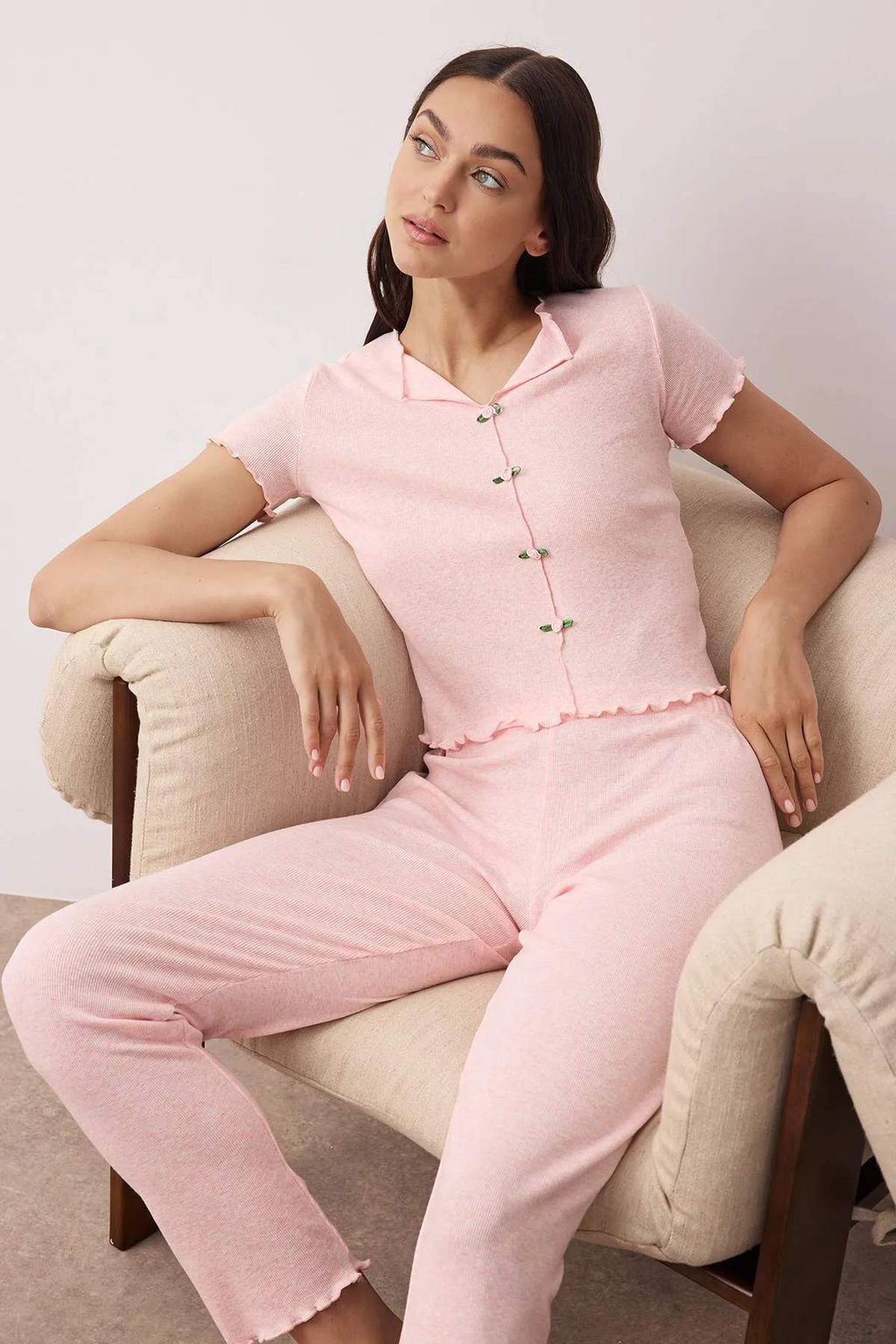 Mint Yaka ve Baby Overlok Detayl? Kiraz Aksesuarl? Fitilli Orme Pijama Tak?m? THMAW26PT00068