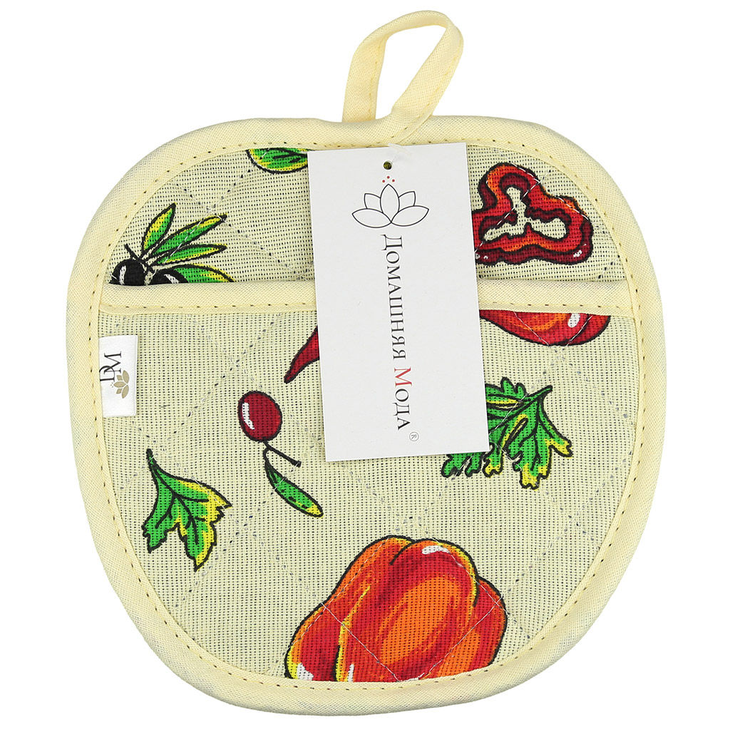 Прихватка с запахом 19х19см Перцы, форма Яблоко, рогожка 171г/м2, хлопок 100%, наполнитель - ватин 280г/м2, на пластмассовом подвесе, Домашняя мода (Россия)  фото 4