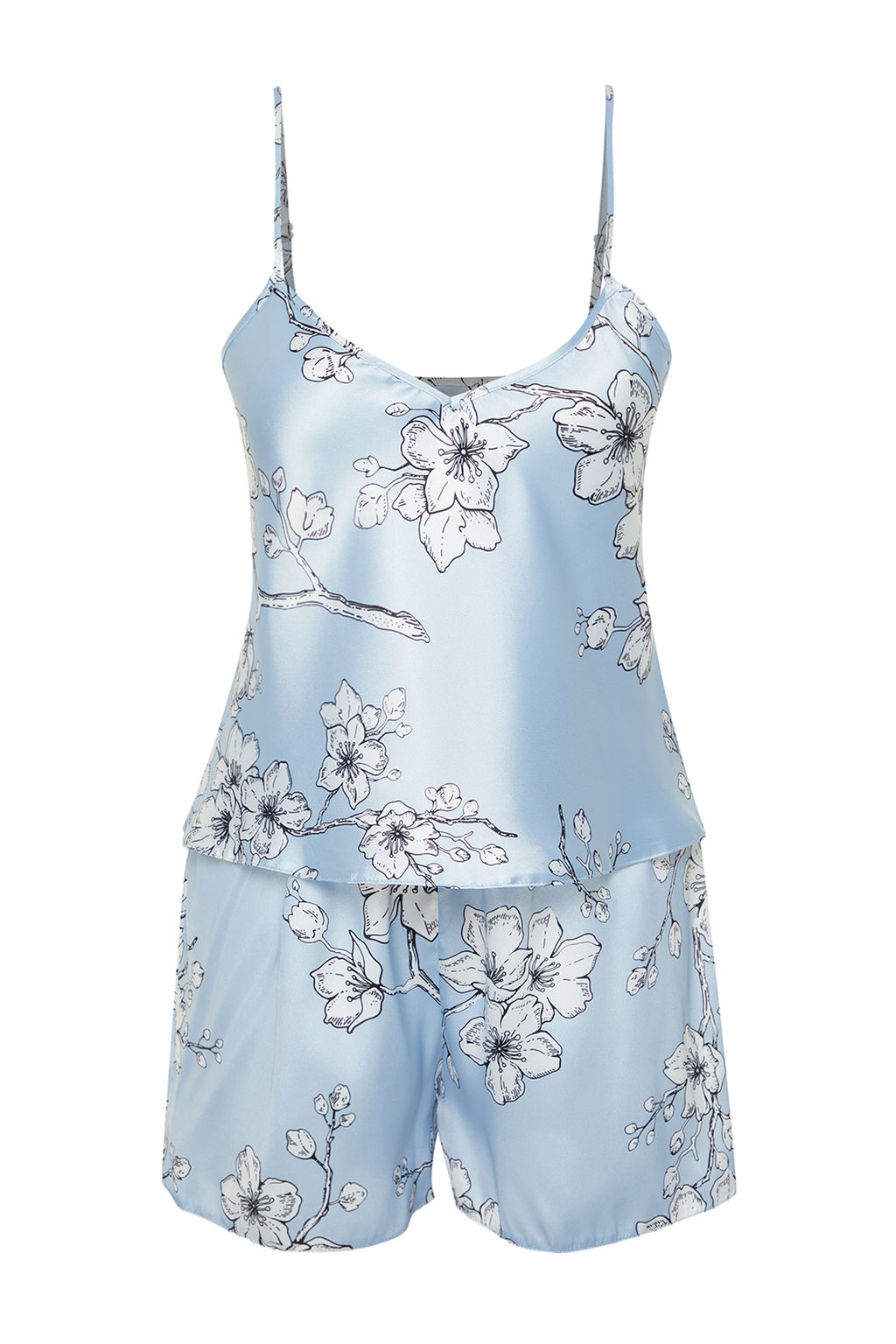 Trendyolmilla Mavi-Cok Renkli Cicekli Ip Ask?l? Saten Sortlu Dokuma Pijama Tak?m? THMSS24PT00159 фото 7