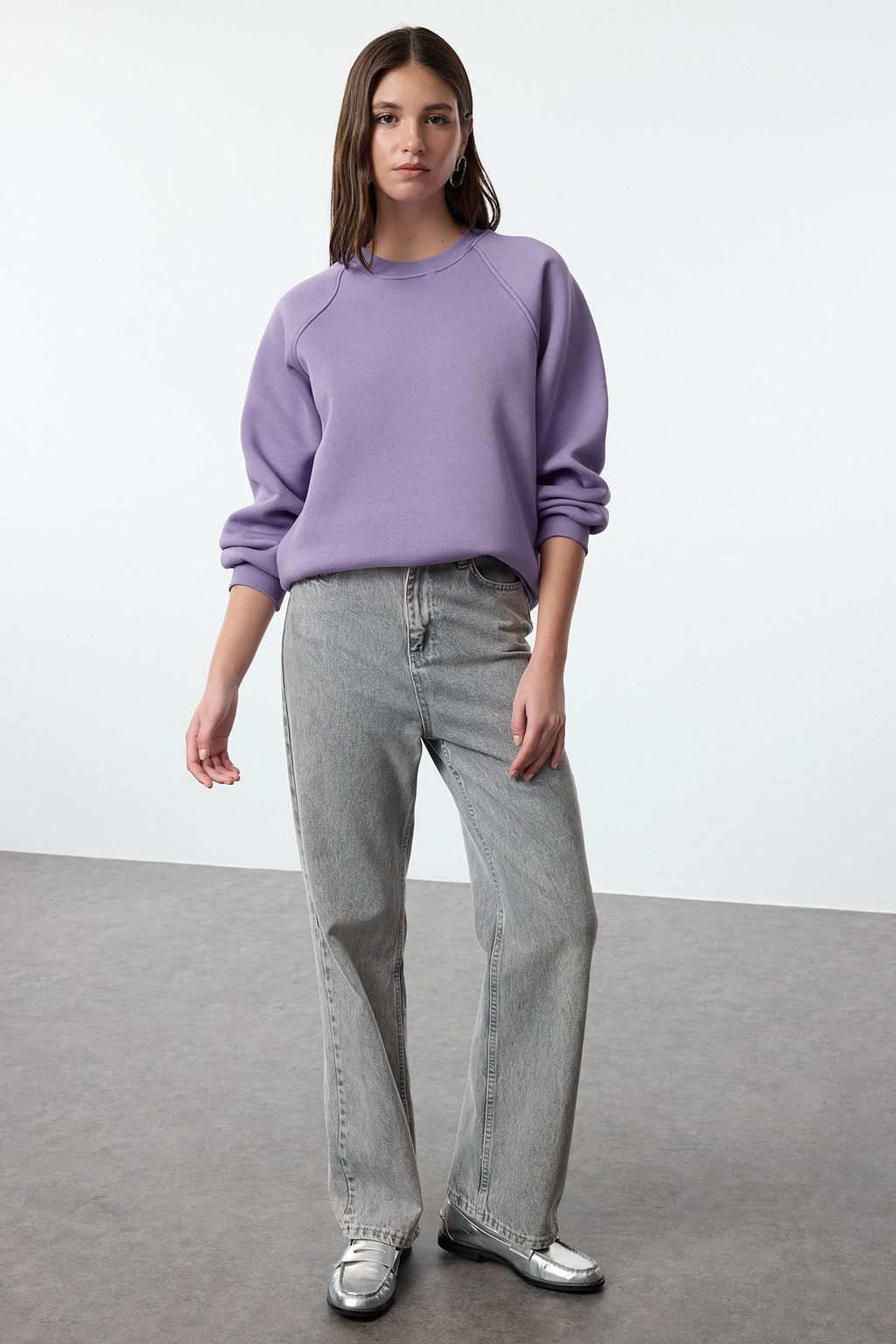 Lila Relaxed/Rahat Kal?p Basic Reglan Kol Bisiklet Yaka Orme Sweatshirt TWOAW24SW00104