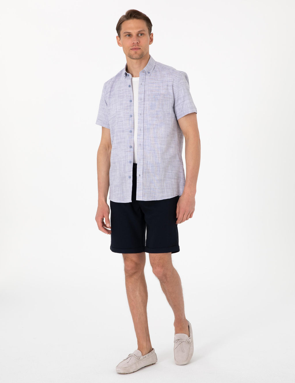 Рубашка Lacivert Regular Fit темно-синяя льняная с коротким рукавом