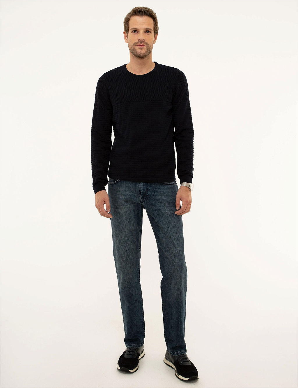 Koyu Lacivert Slim Fit Bisiklet Yaka Triko Kazak