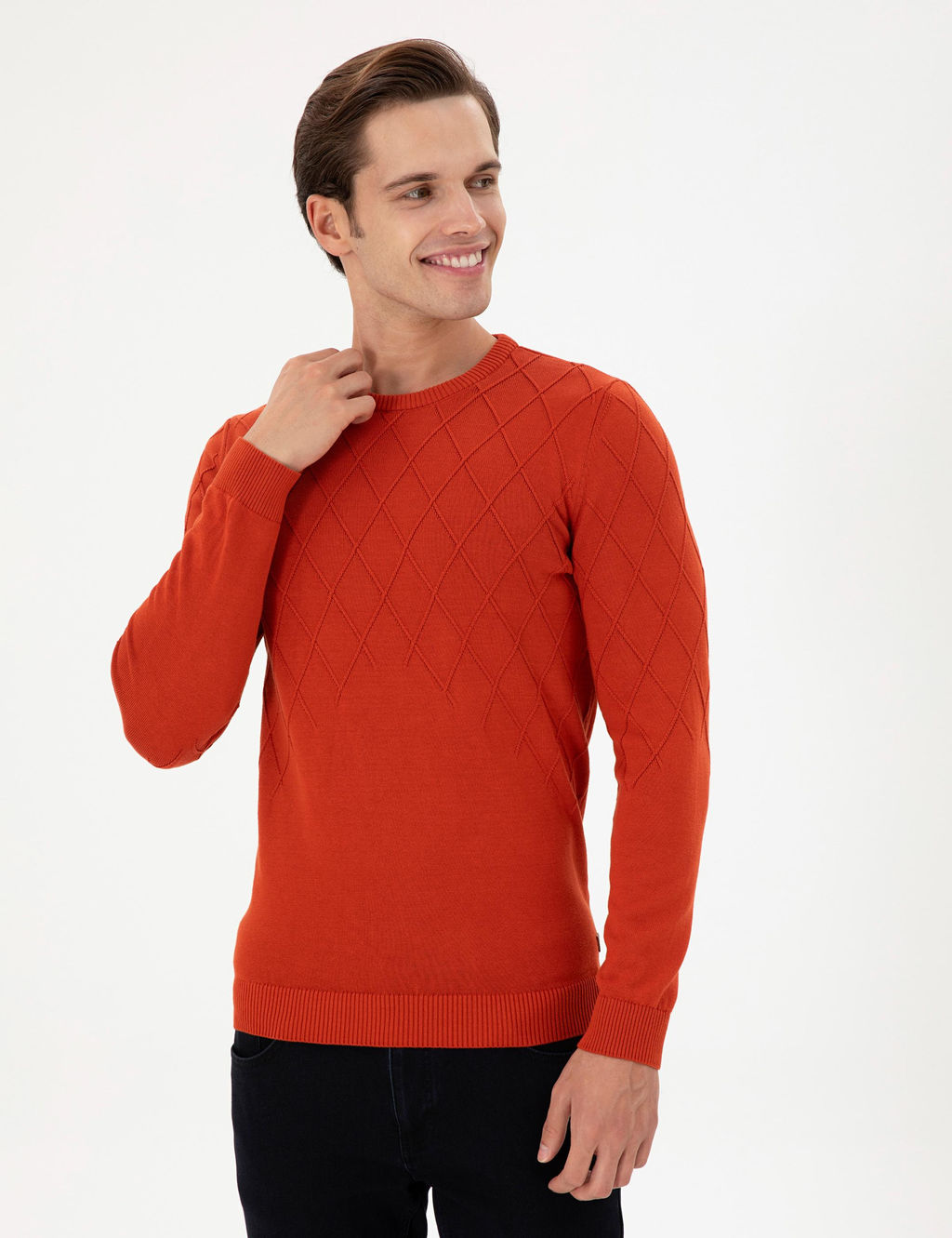 Erkek Slim Fit Bisiklet Yaka Kiremit Kazak