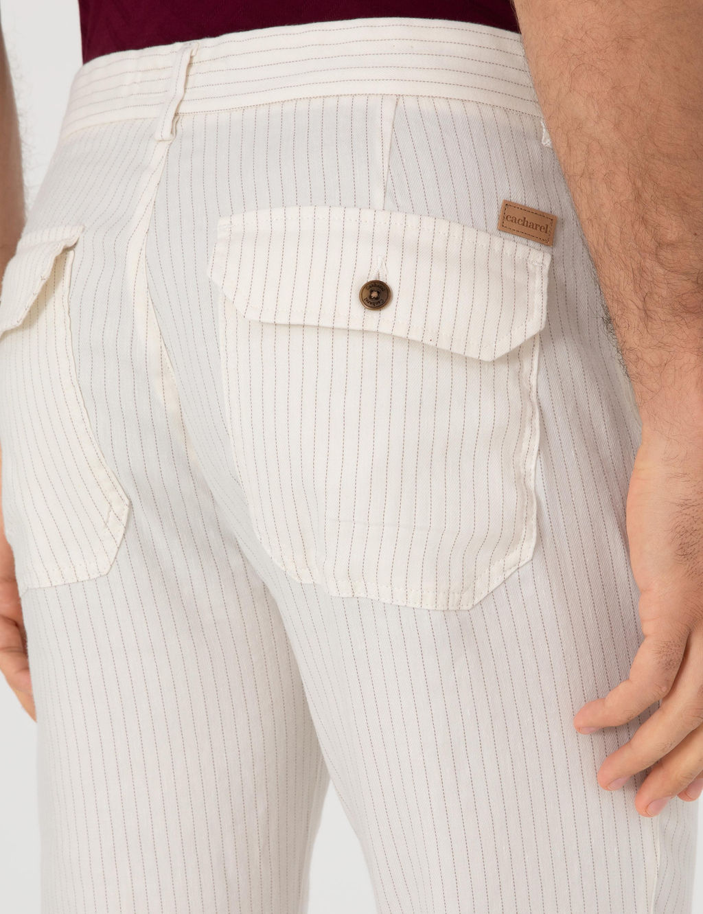 Ekru Slim Fit _izgili Keten Kar___ml_ Spor Pantolon