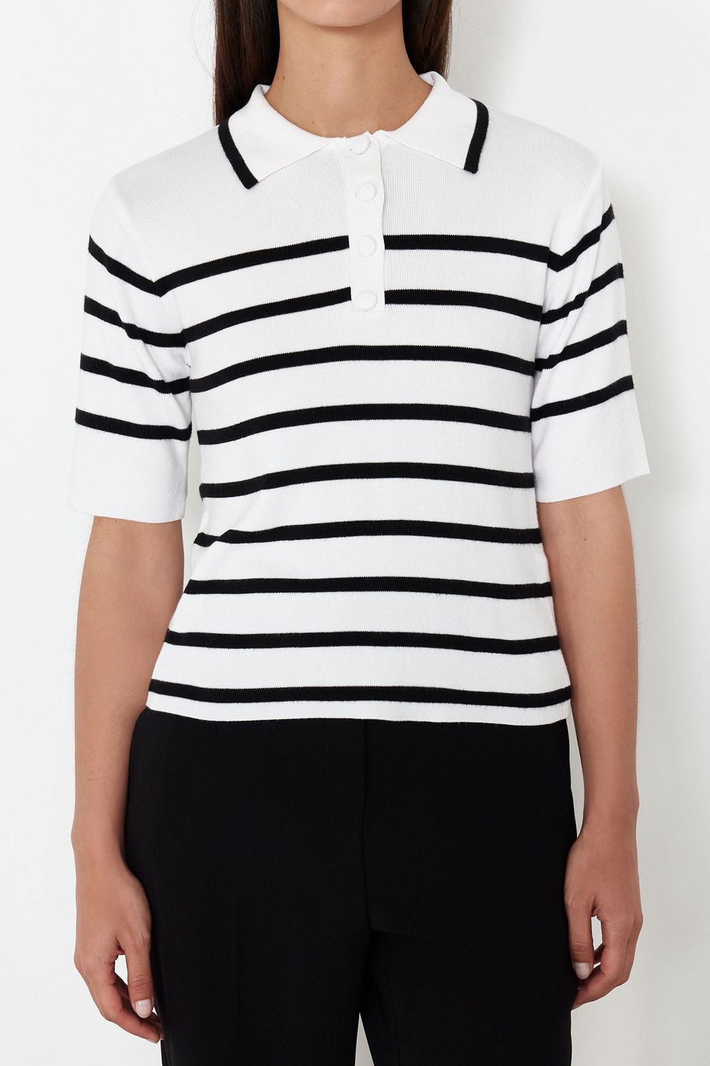 Ekru Premium Kalite Polo Yaka Cizgili Triko Kazak TWOSS24KZ00048