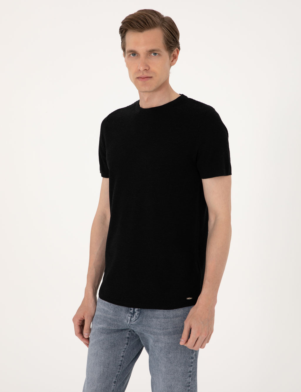 Siyah Slim Fit Keten Kar___ml_ Bisiklet Yaka Triko Ti__rt