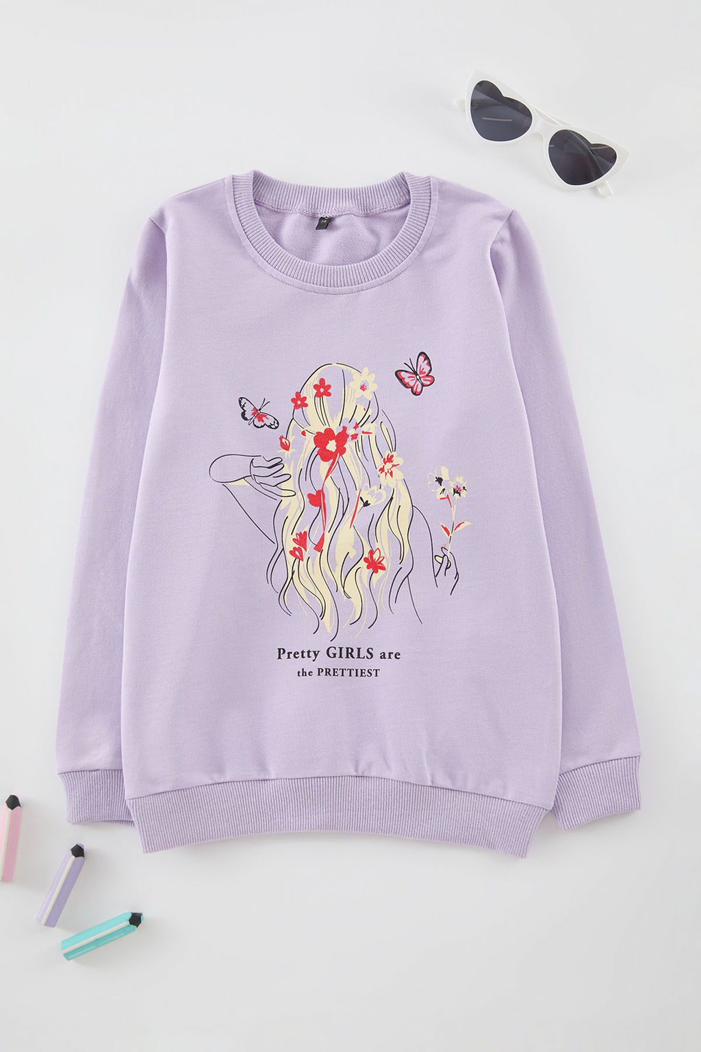 Lila K?z Cocuk Bask?l? Bisiklet Yaka Orme Sweatshirt TKDAW25SW00043
