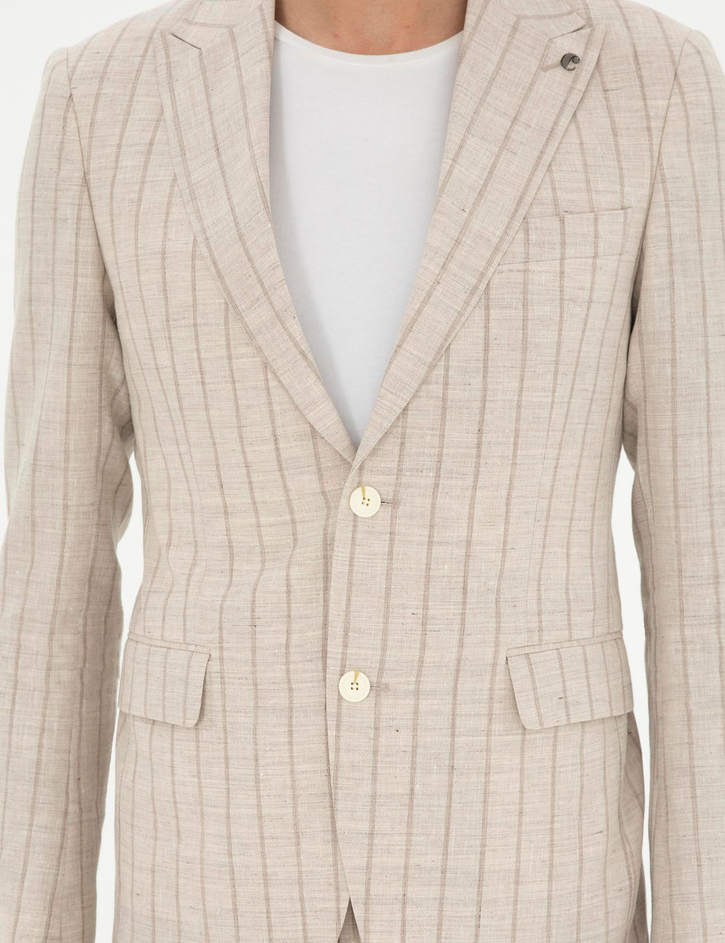 Bej Slim Fit _izgili Y_n Kar___ml_ Keten Tak_m Elbise