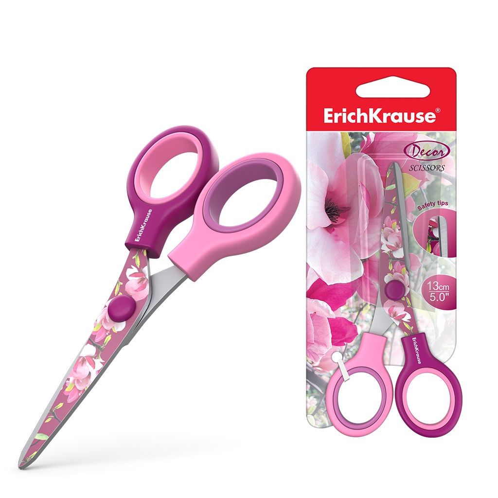 Цена за 12 шт. Ножницы ErichKrause® Junior Decor Magnolia с принтом на лезвиях, 13см (в блистере по 1 шт.)
