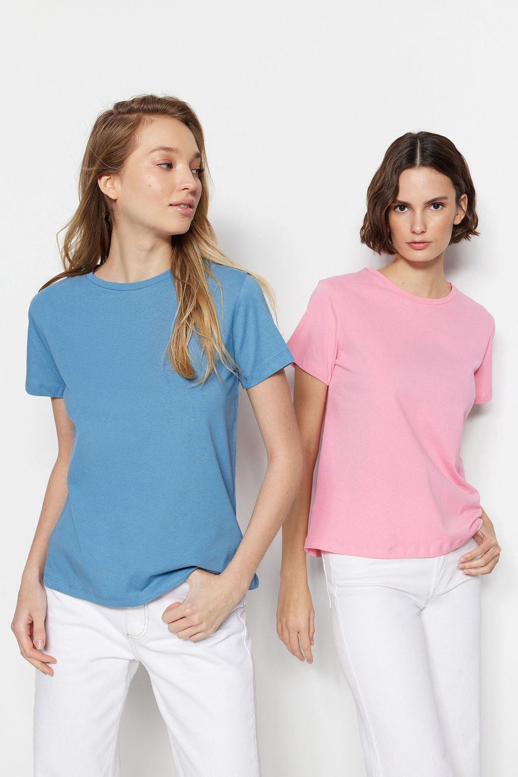Indigo-Pembe %100 Pamuk 2li Paket Basic Bisiklet Yaka Orme T-Shirt TWOSS20TS0141