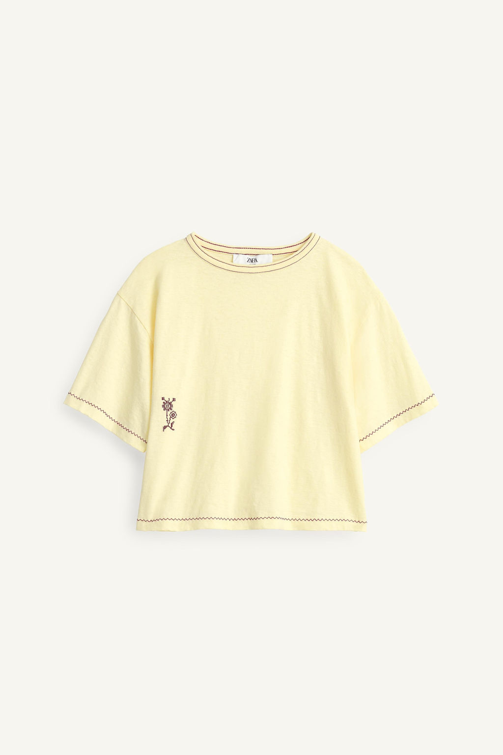 CAMISETA PESPUNTES FLOR BORDADA ALGOD?N LINO LIMITED EDITION / Vainilla - Zara фото 5