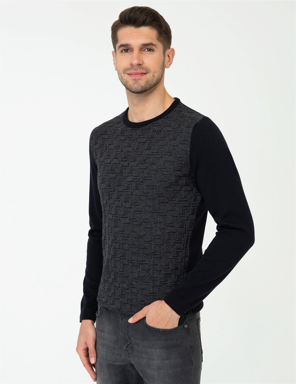 Lacivert Slim Fit Bisiklet Yaka Triko Kazak