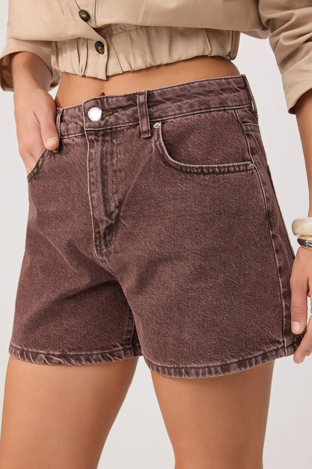 Bordo Vintage Y?kama Dusuk Bel City Boy Denim Sort TWOSS26SR00073 - Trendyolmilla фото 3