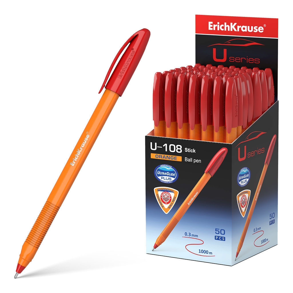 Цена за 50 шт. Ручка шариковая ErichKrause U-108 Stick Orange 0.7, Ultra Glide Technology, цвет чернил красный (в коробке по 50 шт.)