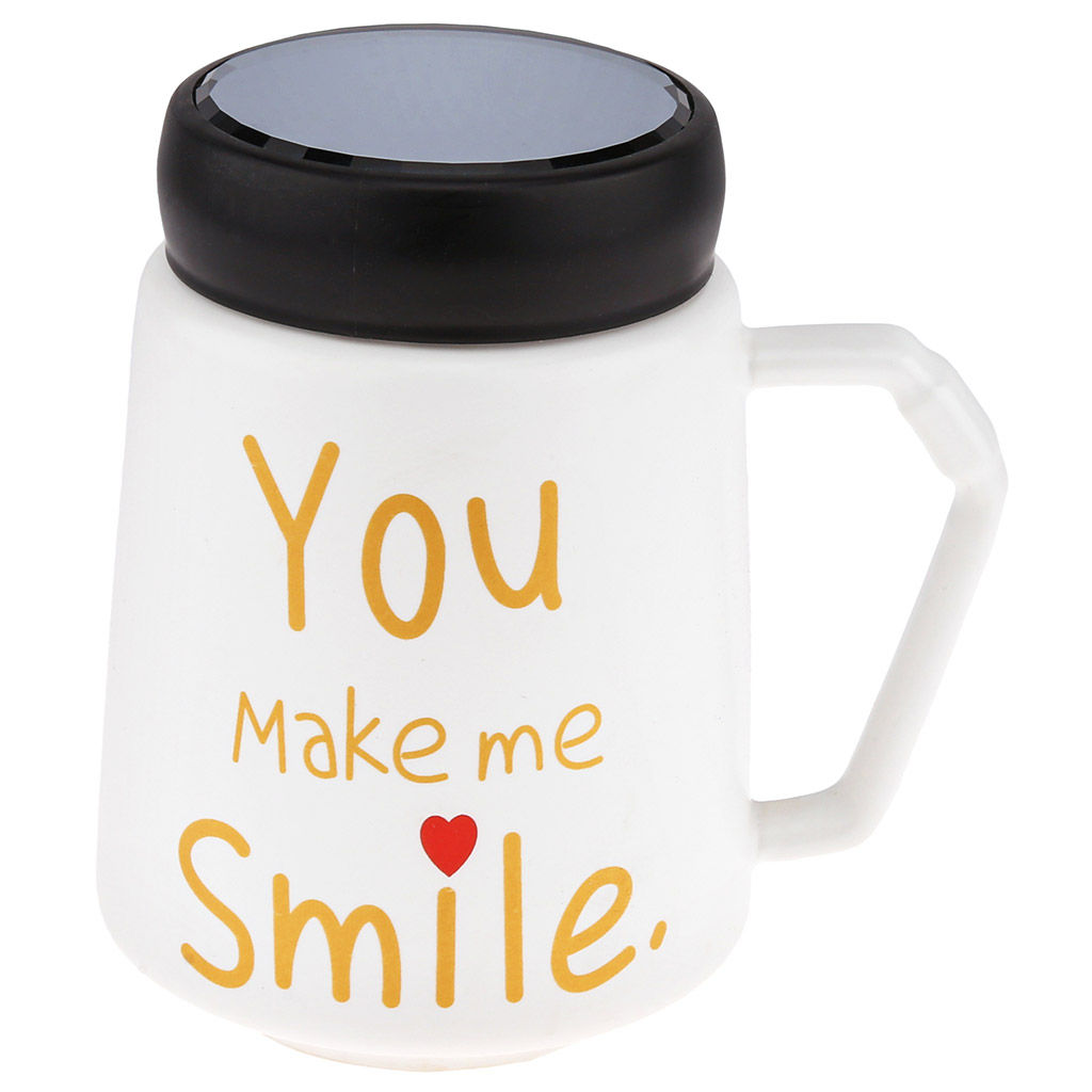 Кружка фарфоровая Признания You make me smile 600мл, д9,5см h13,3см, матовая глазурь, деколь с золотом, цвет - белый, пластмассовая, винтовая крышка, герметичная, с силиконовым уплотнителем, д/горла 6,6см, д/основания 5,6см, в подарочной коробке