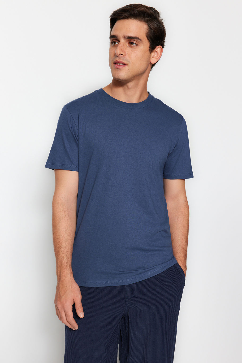 Gri-Ekru-Indigo Slim/Dar Kesim Bisiklet Yaka Basic %100 Pamuklu 3lu Paket T-Shirt TMNSS19BO0007