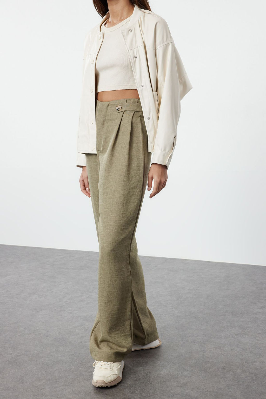 Trendyolmilla Haki Bel Detayl? Wide Leg/Genis Paca Dokuma Pantolon TEDAW25PL00000  фото 2